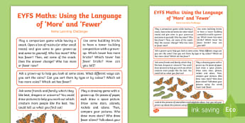 EYFS Maths: Uses the Language of ‘More’ and ‘Fewer’ Home Learning Challenges