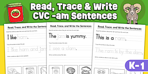 Read, Trace, and Write CVC -ed Word Family Worksheets for K-1st Grade