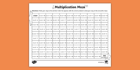 Math Multiplication Maze x 4 Worksheet for 3rd-5th Grade