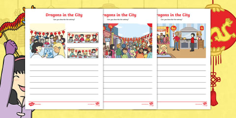 Dragons in the City Step-by-Step Drawing Worksheet