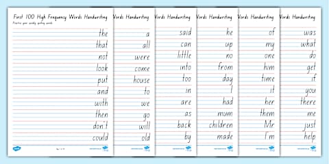 Left-handed friendly Year 1 Common Exception Words Handwriting Worksheets