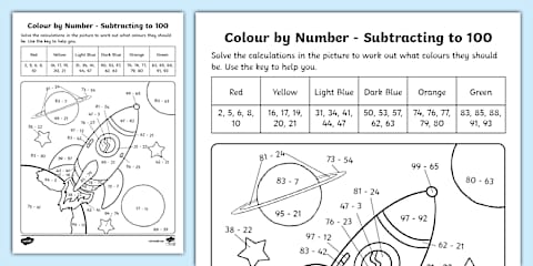 Pirates Colour by Number Addition and Subtraction to 100 Worksheet