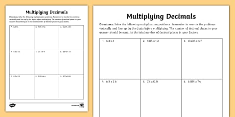 Sixth Grade Multiplying & Dividing Decimals Worksheet