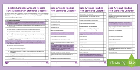 Mathematics TEKS Kindergarten Standards Checklist