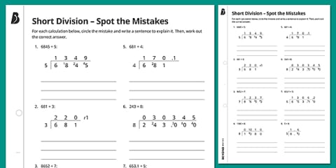 Division Mistakes Examples Year 5 Finding Mistakes in Short Division Calculations Activity Sheets