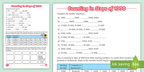 Year 4 Maths Counting in Steps of 1000 Not from 0 Activity Sheet
