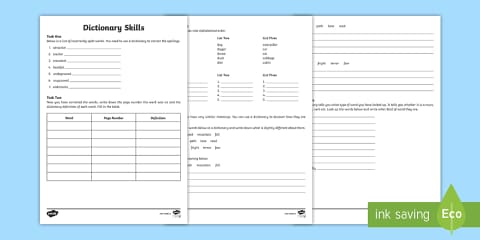 Dictionary Skills Worksheet for 3rd-5th Grade