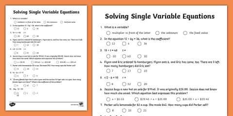 Sixth Grade Solving Single Variable Equations Worksheet