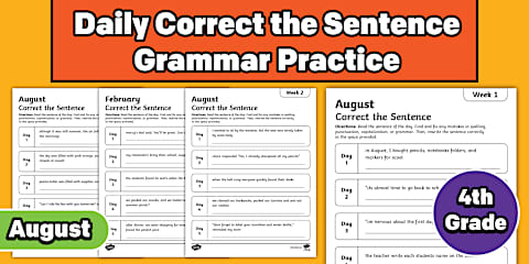 Fourth Grade July Daily Correct the Sentence Grammar Practice Worksheets
