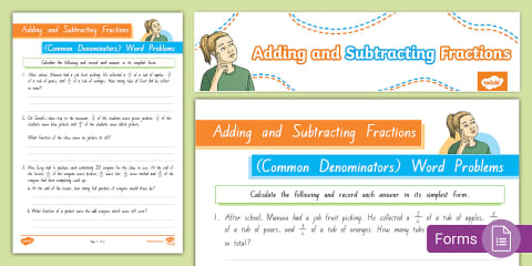 Adding and Subtracting Fractions Word Problems Worksheet