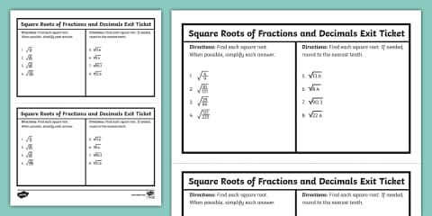 Eighth Grade Square Roots of Fractions and Decimals Practice