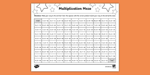 Math Multiplication Maze Mixed Facts Worksheet for 3rd-5th Grade