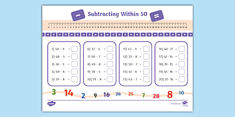 Subtraction from 30 with a Number Line Worksheet
