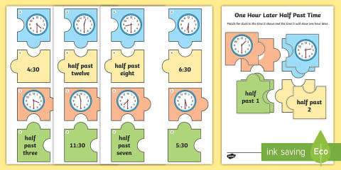 Time Jigsaw O'Clock and Half Past Time Matching Pairs Activity