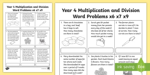 Year 3 Multiplication and Division Word Problems x3 x4 x8 Worksheet