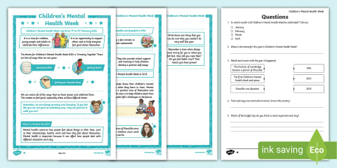 UKS2 Children's Mental Health Week 2026 Reading Comprehension Activity