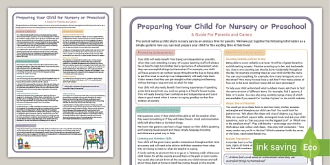 Getting Ready for Preschool: Parent and Carer Information Sheet