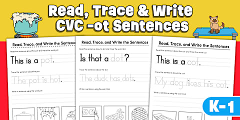 Read, Trace, and Write CVC -in Word Family Worksheets for K-1st Grade