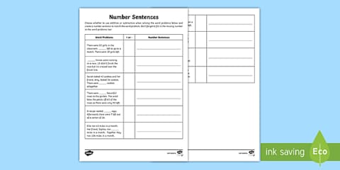 Create Addition and Subtraction Number Sentences Worksheet