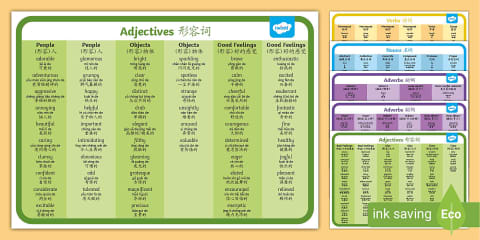 Adjectives, Adverbs and Verbs Word Mats English/Traditional Chinese