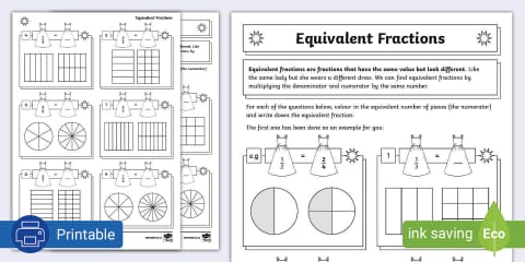 Third Grade Color and Name Equivalent Circle Fractions Worksheet