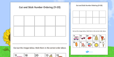 Summer Themed Cut and Stick Number Ordering Sheets 1-10