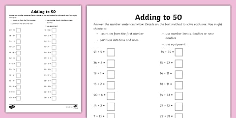 Partitioning: Number Bonds to 50 Worksheet