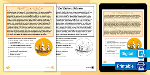 Fifth Grade Regions of the Thirteen Colonies Reading Comprehension ...