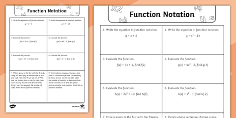 Algebra I Evaluating Functions in Function Notation Practice