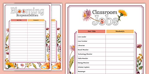 Botanical Wildflower Themed Class Duties Display Poster