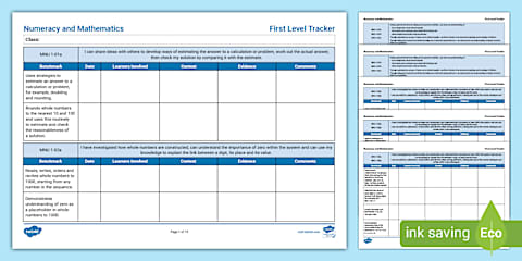 CfE Benchmarks Early Level Numeracy and Mathematics Assessment Tracker