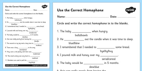 Fill in the Homophones Activity Sheet