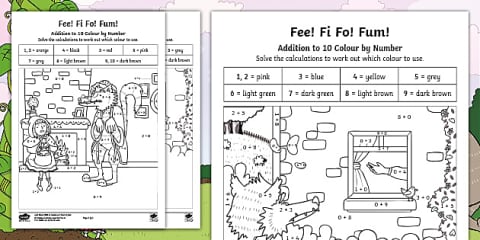 Ffoo Math Fee! Fi! Fo! Fum! Addition to 10 Worksheet