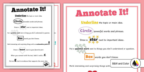 Close Reading Annotations Chart for 6th-8th Grade