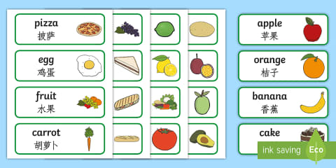 Food Word and Picture Cards English/Mandarin Chinese