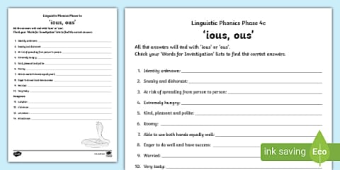 Linguistic Phonics Phase 4c 'ious, ous' Sorting Worksheet