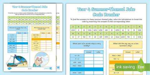Year 2 Summer-Themed Joke Code Breaker Activity Sheet