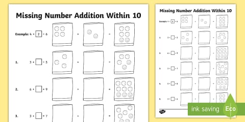 Numicon Shapes Addition within 10 Missing Numbers Worksheets