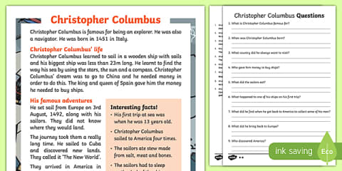Fourth Grade Christopher Columbus Reading Comprehension Worksheet