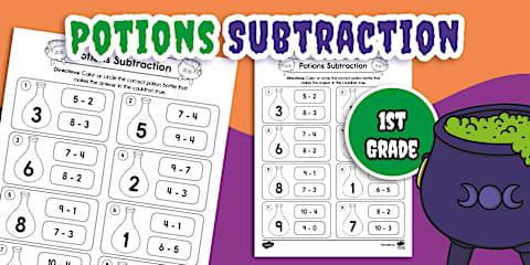 First Grade Halloween Potions Addition Worksheet