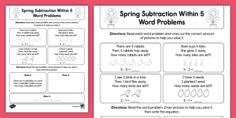 Kindergarten Spring Addition Within 10 Word Problems Worksheet