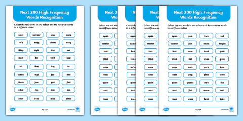200 High Frequency Words - Recognition Activity Sheet
