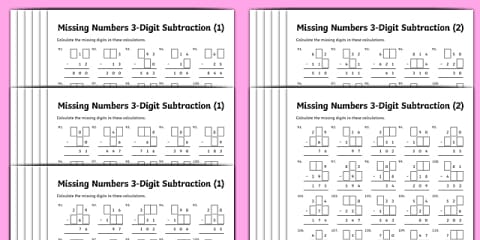 Subtraction 2-Digit Missing Numbers Worksheet Pack