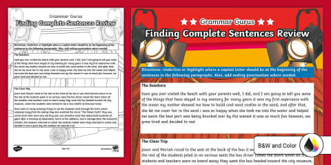 Grammar Gurus Finding Complete Sentences Practice for 6th-8th Grade