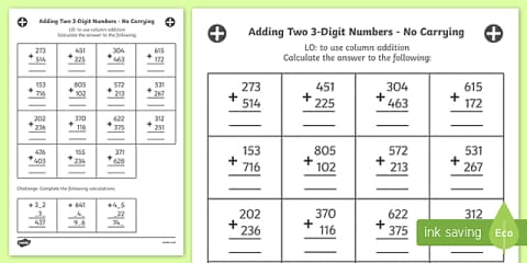 Adding Two 3-Digit Numbers in a Column with Carrying Answers Worksheet ...
