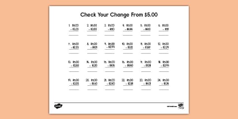 Second Grade Check Your Change From $1.00 Worksheet