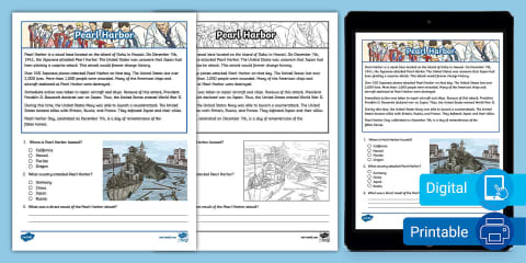 Third Grade Pearl Harbor Reading Passage Comprehension Worksheet