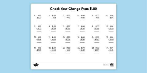 Second Grade Check Your Change From $5.00 Worksheet