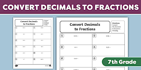 Seventh Grade Math Basic Skills Convert Fractions to Decimals Practice ...
