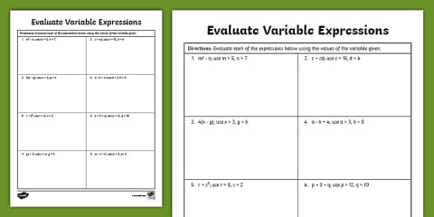 Sixth Grade Variable Expressions Math Worksheet